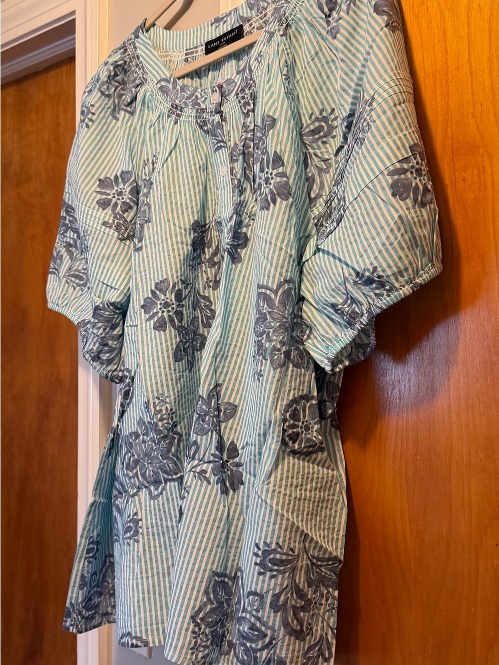 Lane Bryant Aqua & White Striped Button Peasant Blouse with Floral Print